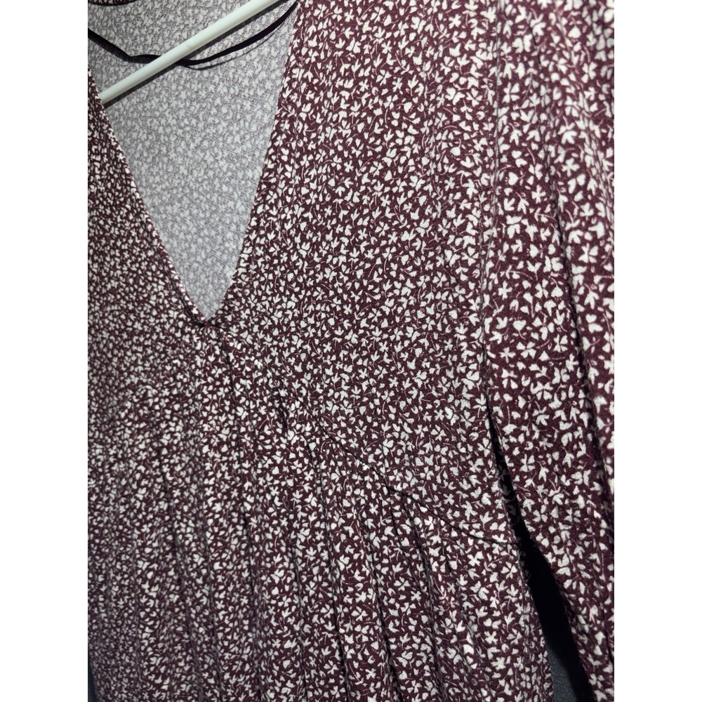 Pull&Bear Dress Women M Burgundy Floral Print Long Sleeve  V-Neck Boho Casual - Picture 4 of 16